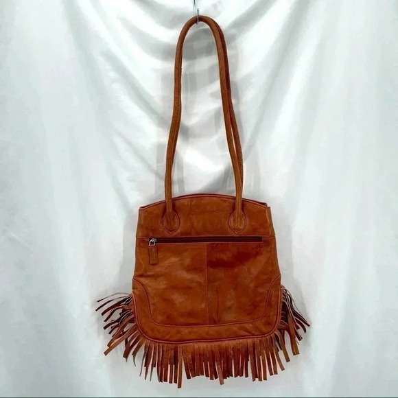 East West Tan Leather Boho Fringe Shoulder Bag Purse Snap Closure Vintage - Picture 2 of 16